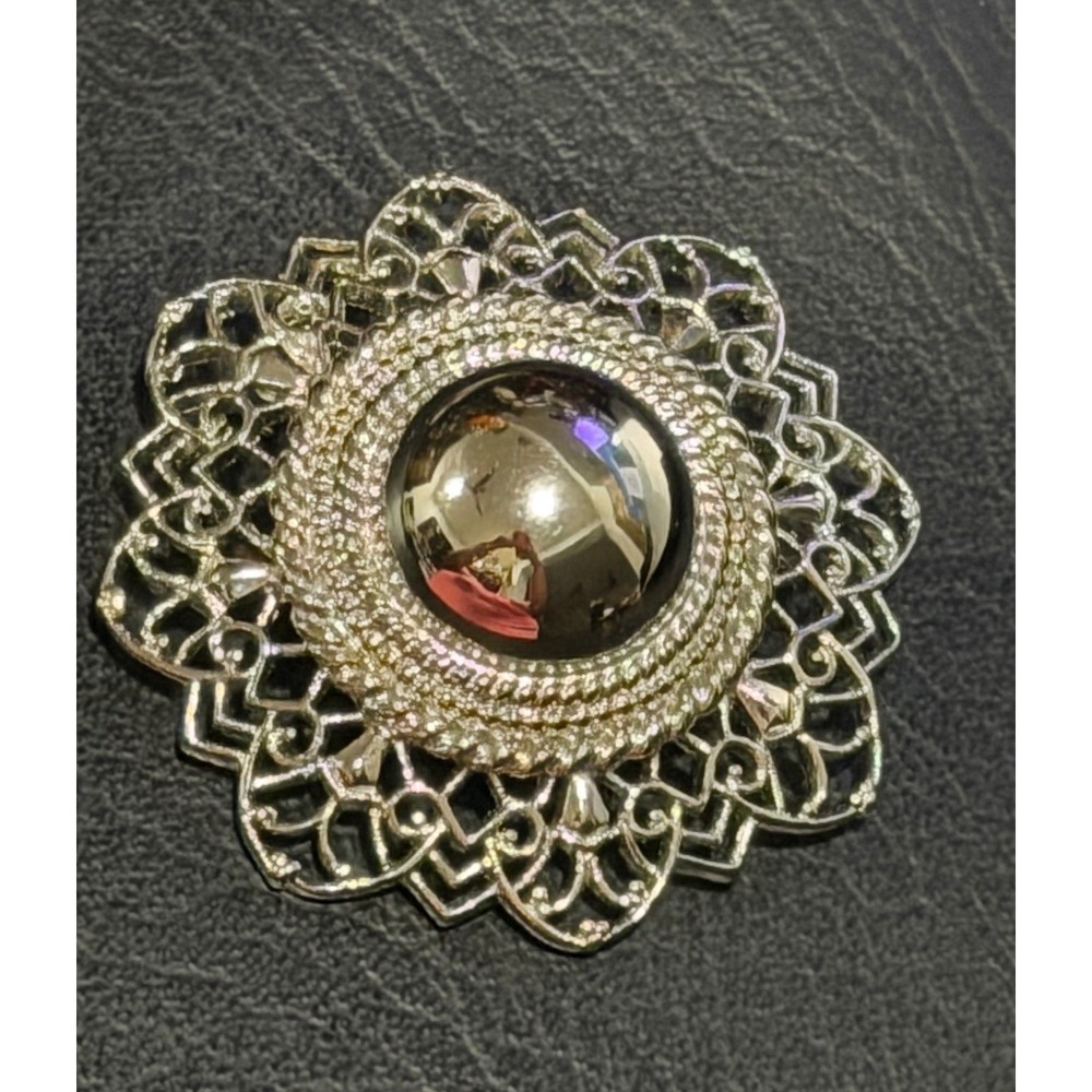 Trifari Brooch Pin Silver Tone Vintage Filigree Cabochon Center High Polish
